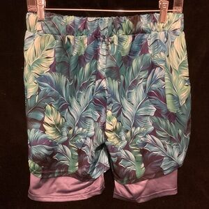 Tropical Leaf Print Shorts/Swim Suit
